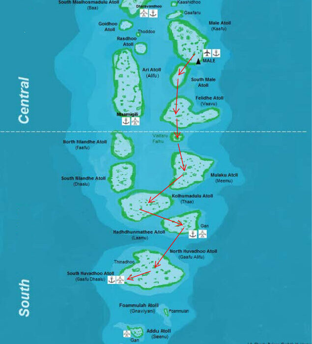 12 Tage – South Male – Vaavu – Meemu – Thaa – Laamu – Gaafu Routing Malediven